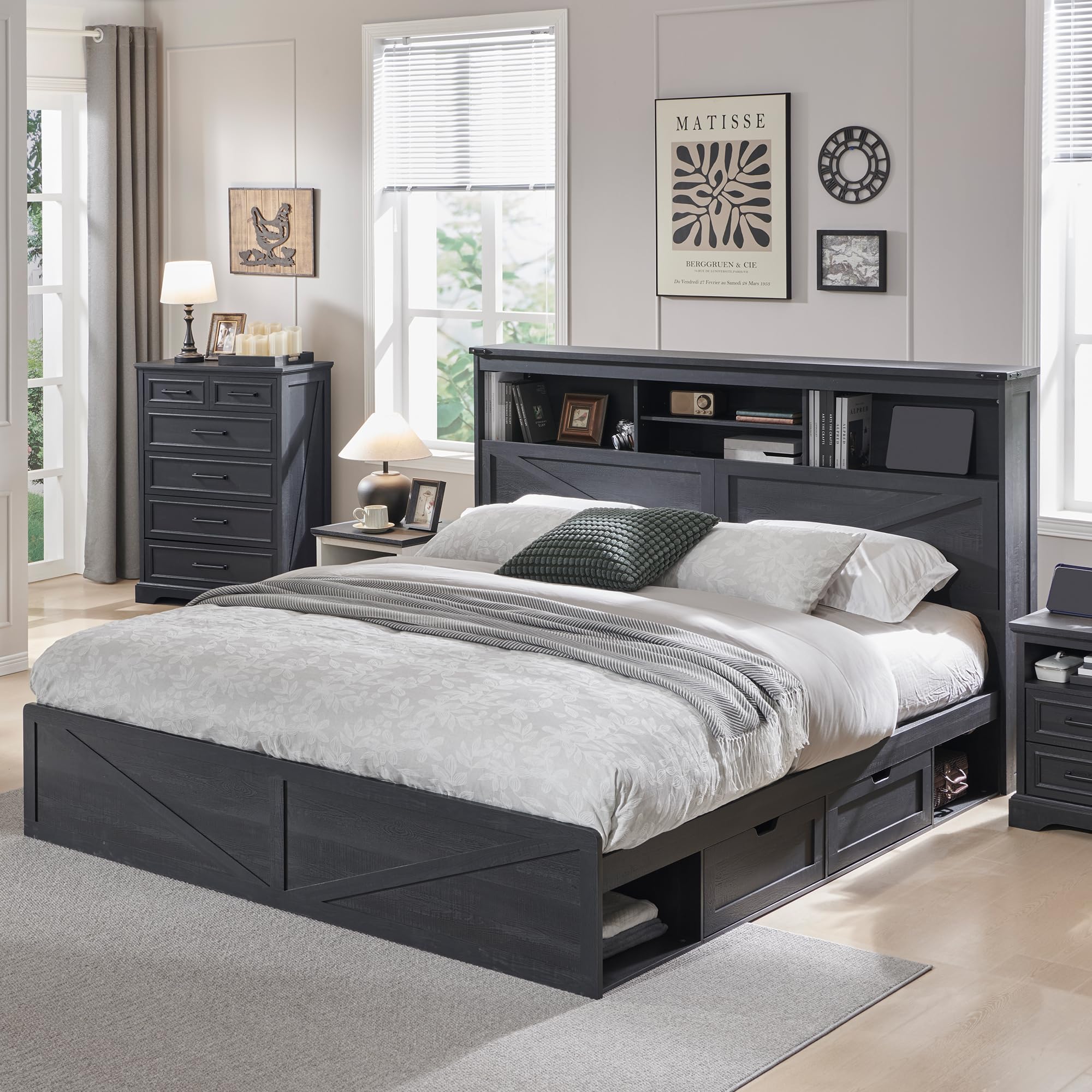 King Size Bed Frame With Storage Drawers - 52 inç yüksekliğinde depolama alanı olan