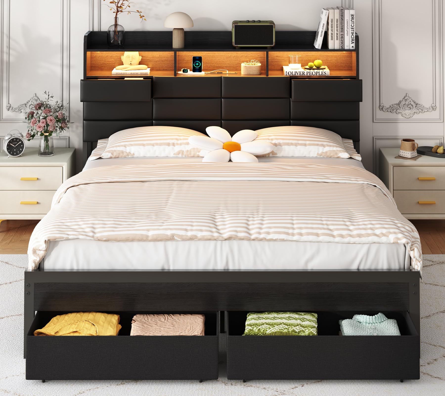 King Size Bed Frame With Storage Drawers - Depolama Çekmeceli ve Şarj İstasyonlu King