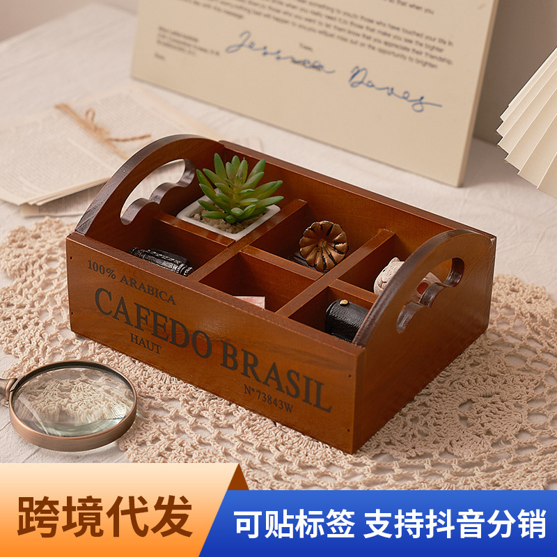 Storage - Zakka retro ahşap taşınabilir altı bölmeli