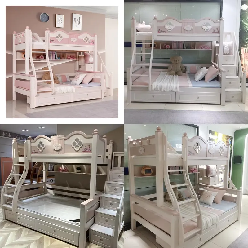 Bunk Bed With Stairs And Slide - Modern Lüks Prenses Çocuk Ranzası, Kaydıraklı