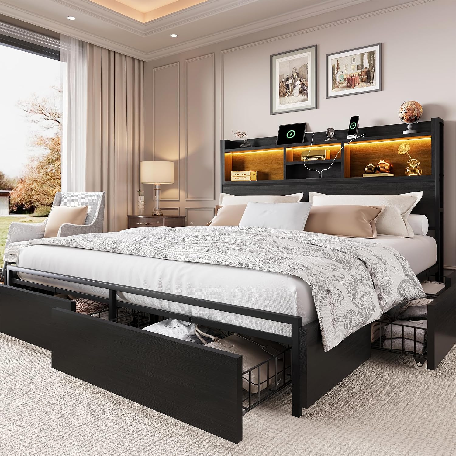 King Size Bed Frame With Storage Drawers - King Boyutunda Yatak Çerçevesi, 6 Çekmeceli