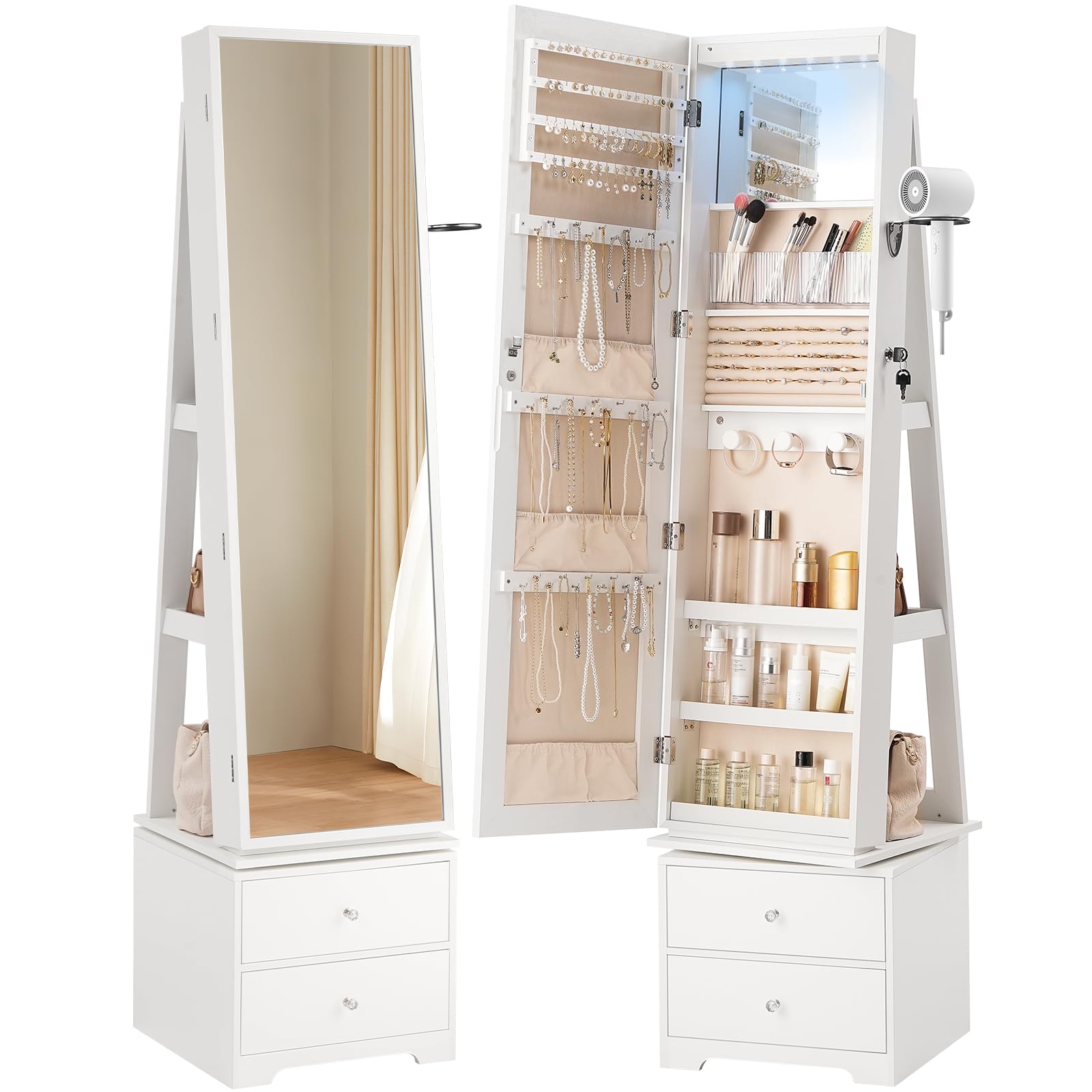 Full Length Mirror Jewelry Armoire - 360 ° LED Işıklı Döner Takı
