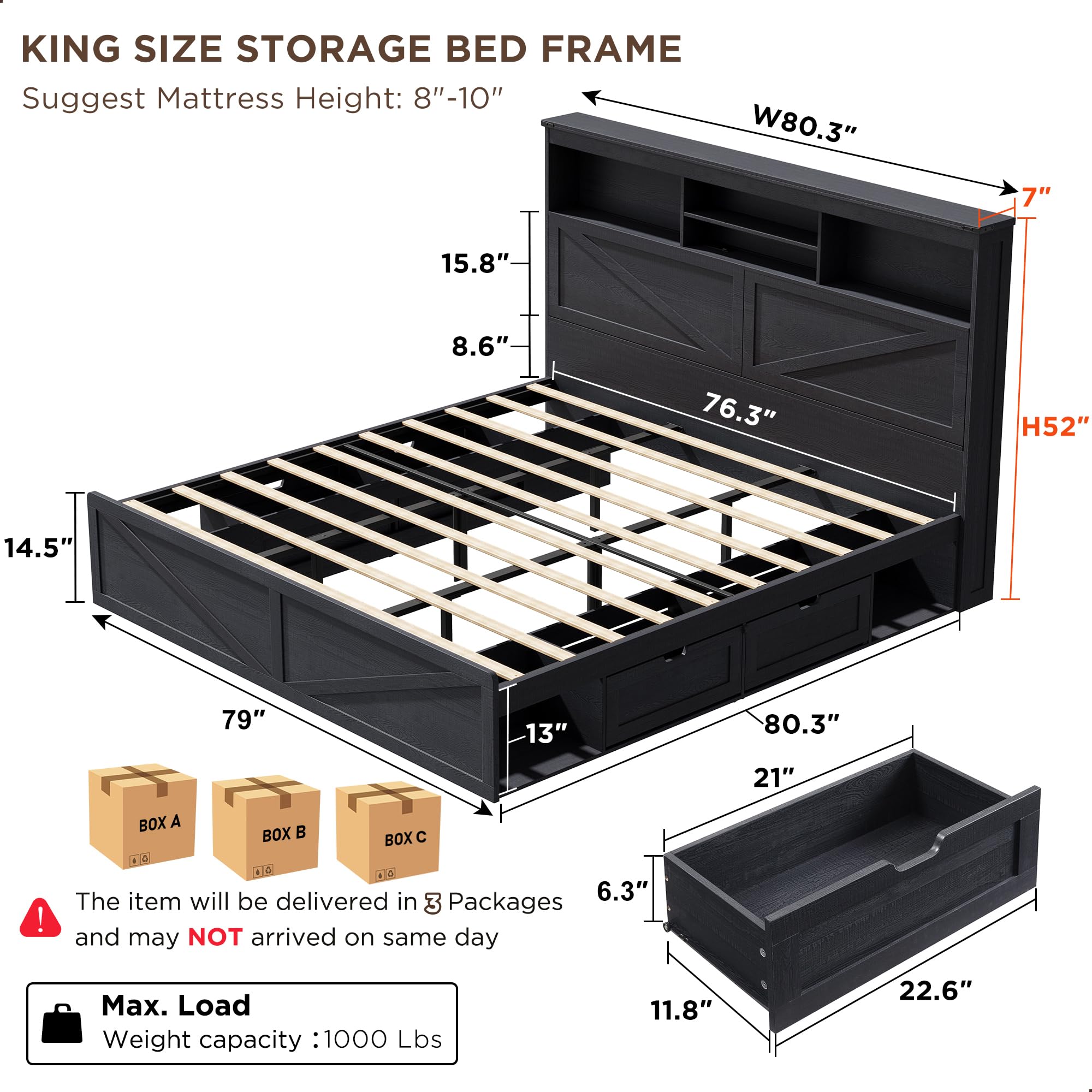 52 inç yüksekliğinde depolama  - King Size Bed Frame With Storage Drawers incelemesi ve fiyatı