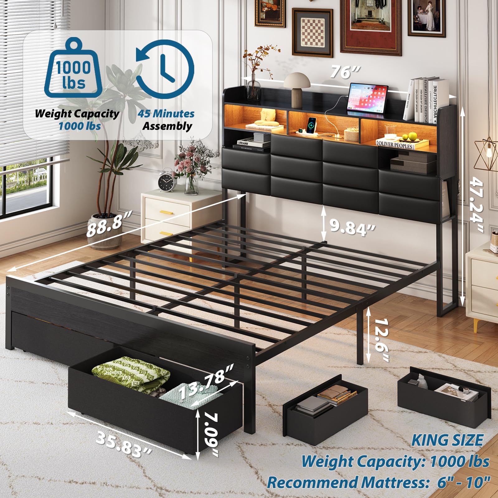 Depolama Çekmeceli ve Şarj İst - King Size Bed Frame With Storage Drawers incelemesi ve fiyatı