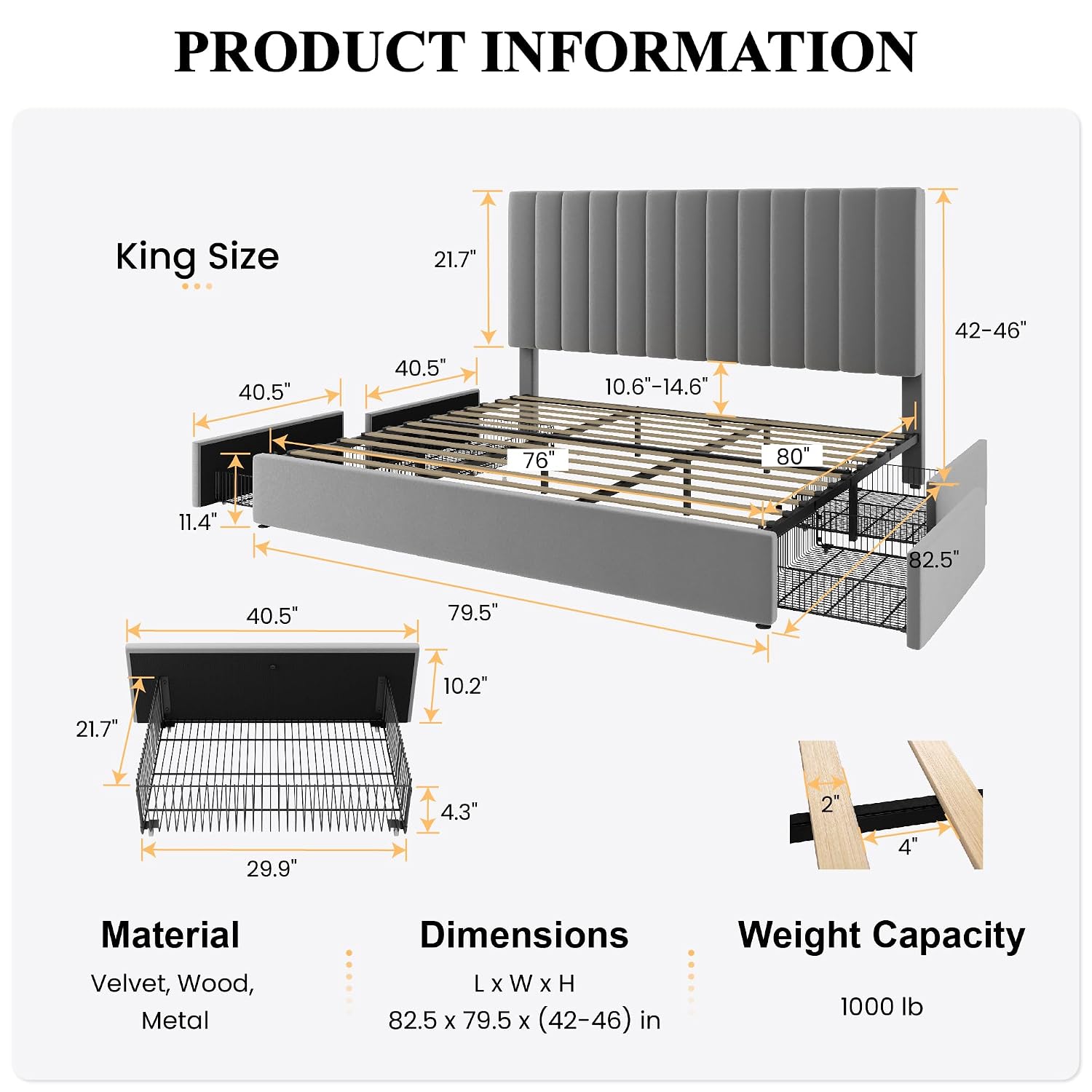 4 Adet Büyük Boy Çekmeceli, Öz - King Size Bed Frame With Storage Drawers incelemesi ve fiyatı