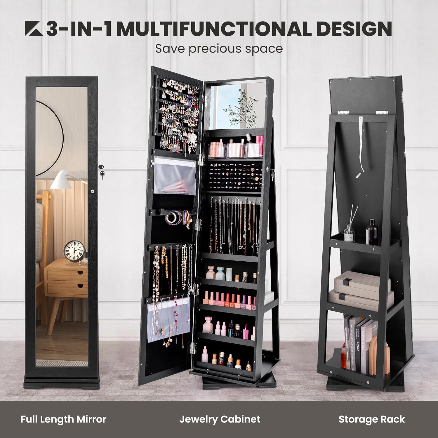 Siyah Ayaklı Kilitlenebilir 36 - Full Length Mirror Jewelry Armoire incelemesi ve fiyatı
