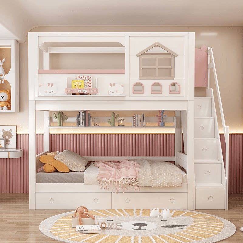 Modern Pembe Masif Ahşap Çocuk - Bunk Bed With Stairs And Slide incelemesi ve fiyatı